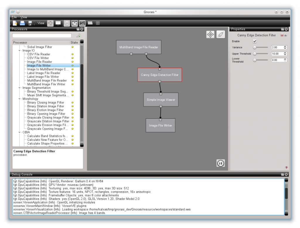 The Gnorasi software interface, with an example of visual programming for an Orfeo ToolBox pipeline.